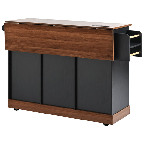 English Elm K&K 55.5" Farmhouse Kitchen Island with Sliding Barn Door, Drop Leaf, Charging Station, Wheels Black N707P288229B