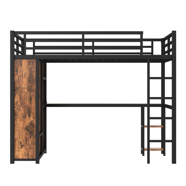 English Elm Queen Size Loft Bed Frame With Integrated Wardrobe, Desk & Storage Shelves For Space-Saving Style W1580S00178-GIGA