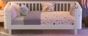 English Elm Twin Low Profile Pine Wood Kids Bed with Safety Rails and Fence Style Headboard W2593P367041
