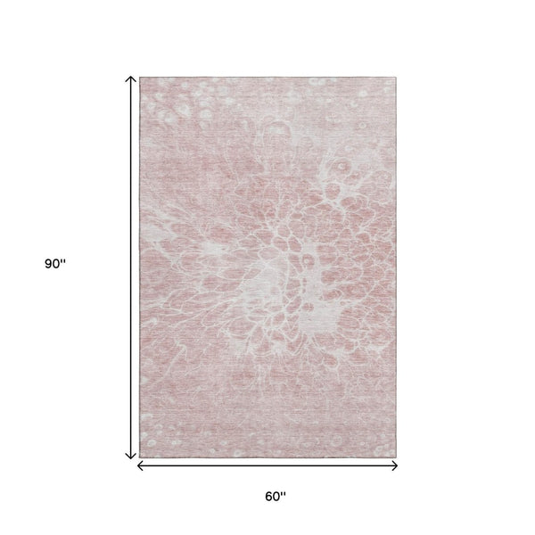 HomeRoots 5' X 8' Pink and Ivory Abstract Area Rug - Washable, UV-Protected, Stain-Resistant & Stylish Comfort 654604