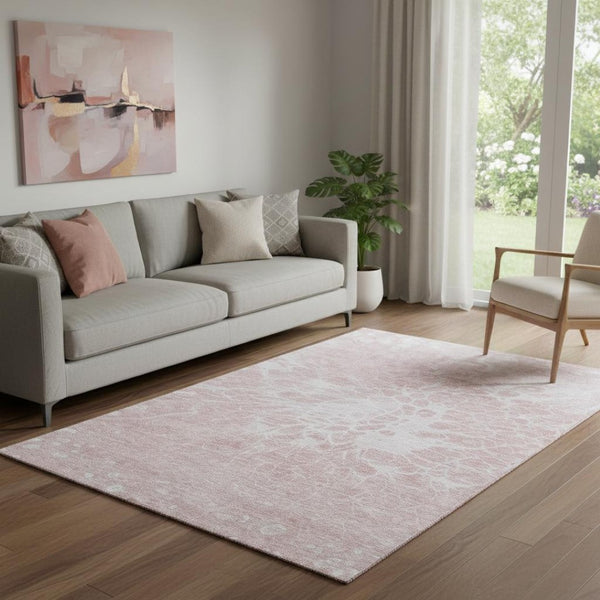 HomeRoots 5' X 8' Pink and Ivory Abstract Area Rug - Washable, UV-Protected, Stain-Resistant & Stylish Comfort 654604