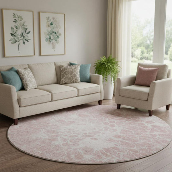 HomeRoots 8' Pink and Ivory Abstract Round Rug - Washable, UV-Protected, Durable for High-Traffic Areas & Pets 654605
