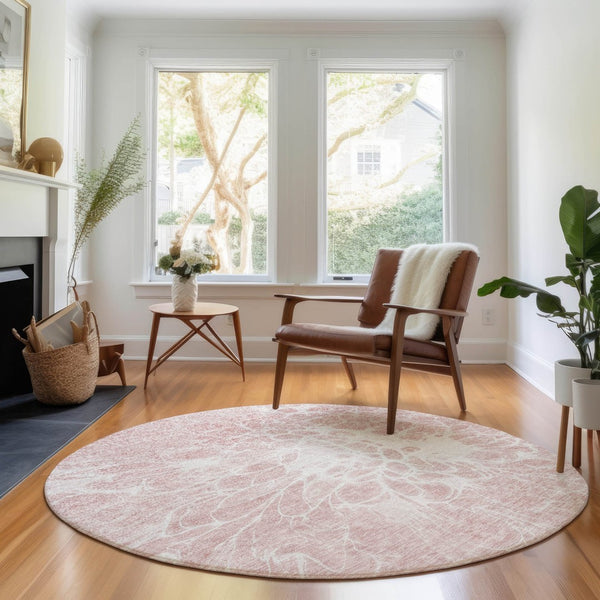 HomeRoots 8' Pink and Ivory Abstract Round Rug - Washable, UV-Protected, Durable for High-Traffic Areas & Pets 654605