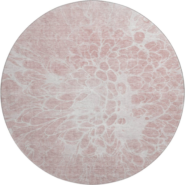 HomeRoots 8' Pink and Ivory Abstract Round Rug - Washable, UV-Protected, Durable for High-Traffic Areas & Pets 654605