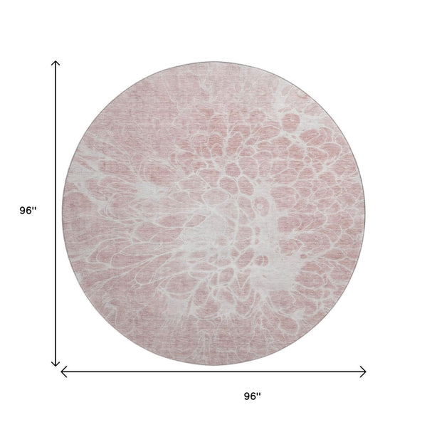 HomeRoots 8' Pink and Ivory Abstract Round Rug - Washable, UV-Protected, Durable for High-Traffic Areas & Pets 654605