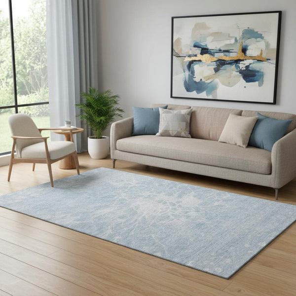 HomeRoots 5' X 8' Sky Blue & Ivory Abstract Area Rug - Washable, UV-Protected, Durable for Busy Homes 654610
