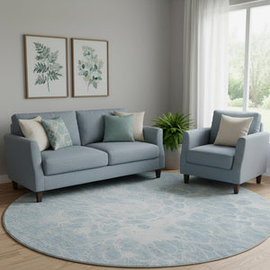 HomeRoots 8' Sky Blue and Ivory Abstract Washable Round Rug - UV Protected, Modern Design for Families 654611