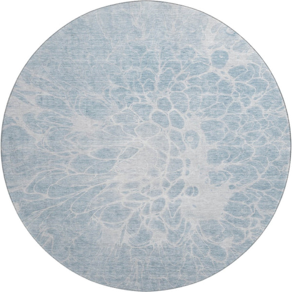 HomeRoots 8' Sky Blue and Ivory Abstract Washable Round Rug - UV Protected, Modern Design for Families 654611