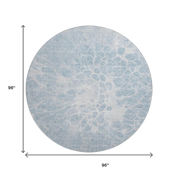 HomeRoots 8' Sky Blue and Ivory Abstract Washable Round Rug - UV Protected, Modern Design for Families 654611