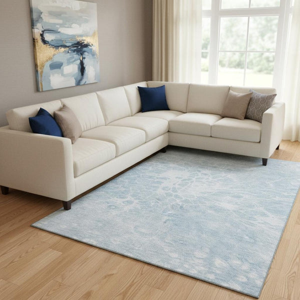 HomeRoots 8' X 10' Sky Blue and Ivory Abstract Washable Area Rug - UV Protected, Durable, Easy-Care Design 654612