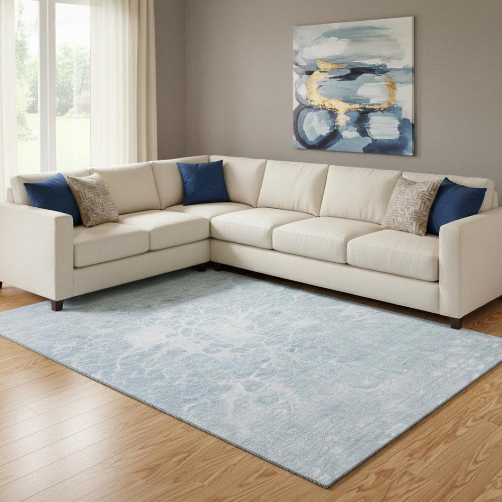 HomeRoots 9' X 12' Sky Blue & Ivory Abstract Area Rug - Washable, UV Protected, Stain Resistant for Modern Homes 654613