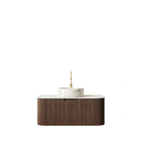 English Elm Dina Floating Bathroom Vanity Sintered Stone Top Glass Basin Striped Plywood Cabinet Walnut,White W2615S00415