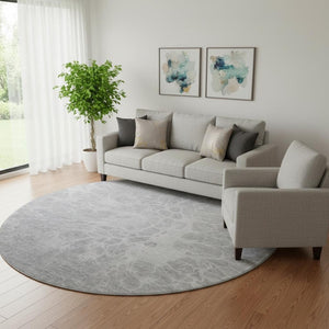 HomeRoots 8' Elegant Silver and Gray Abstract Washable Round Rug with UV Protection for High-Traffic Areas 654617