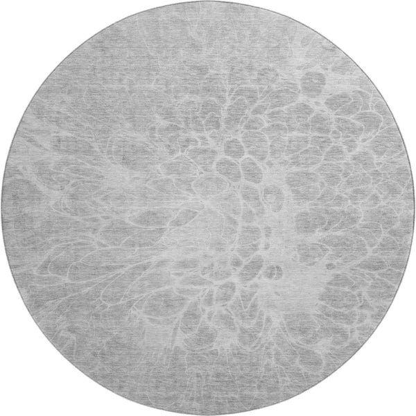 HomeRoots 8' Elegant Silver and Gray Abstract Washable Round Rug with UV Protection for High-Traffic Areas 654617