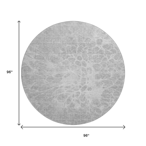 HomeRoots 8' Elegant Silver and Gray Abstract Washable Round Rug with UV Protection for High-Traffic Areas 654617