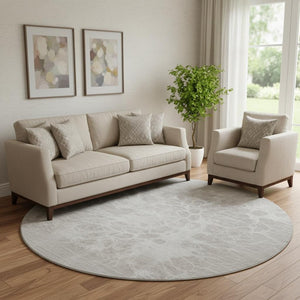 HomeRoots 8' Taupe and Ivory Abstract Washable Round Rug - Stylish, Durable, UV-Protected for Modern Homes 654623