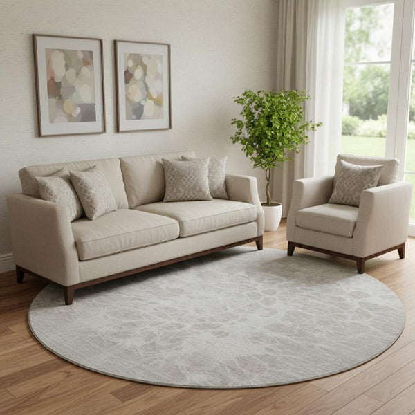 HomeRoots 8' Taupe and Ivory Abstract Washable Round Rug - Stylish, Durable, UV-Protected for Modern Homes 654623