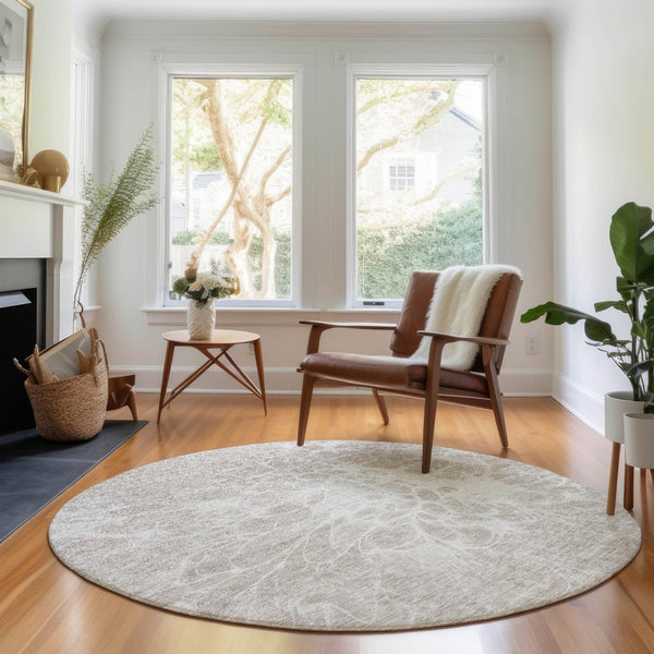 HomeRoots 8' Taupe and Ivory Abstract Washable Round Rug - Stylish, Durable, UV-Protected for Modern Homes 654623