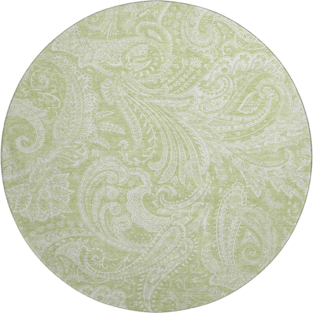 HomeRoots 8' Artichoke Green & Ivory Paisley Washable Round Rug - Durable, UV-Protected, Elegant Design for Home 654629