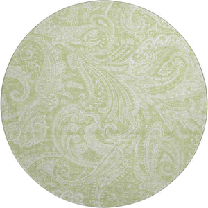HomeRoots 8' Artichoke Green & Ivory Paisley Washable Round Rug - Durable, UV-Protected, Elegant Design for Home 654629