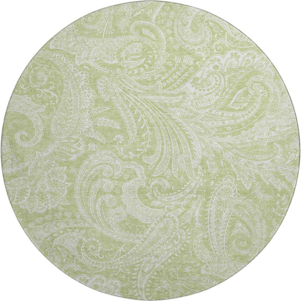 HomeRoots 8' Artichoke Green & Ivory Paisley Washable Round Rug - Durable, UV-Protected, Elegant Design for Home 654629