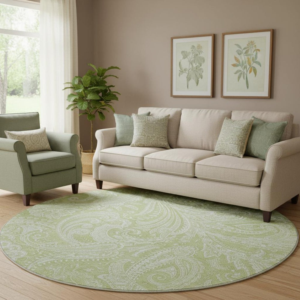 HomeRoots 8' Artichoke Green & Ivory Paisley Washable Round Rug - Durable, UV-Protected, Elegant Design for Home 654629