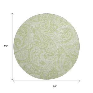 HomeRoots 8' Artichoke Green & Ivory Paisley Washable Round Rug - Durable, UV-Protected, Elegant Design for Home 654629