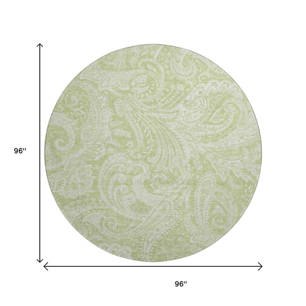 HomeRoots 8' Artichoke Green & Ivory Paisley Washable Round Rug - Durable, UV-Protected, Elegant Design for Home 654629
