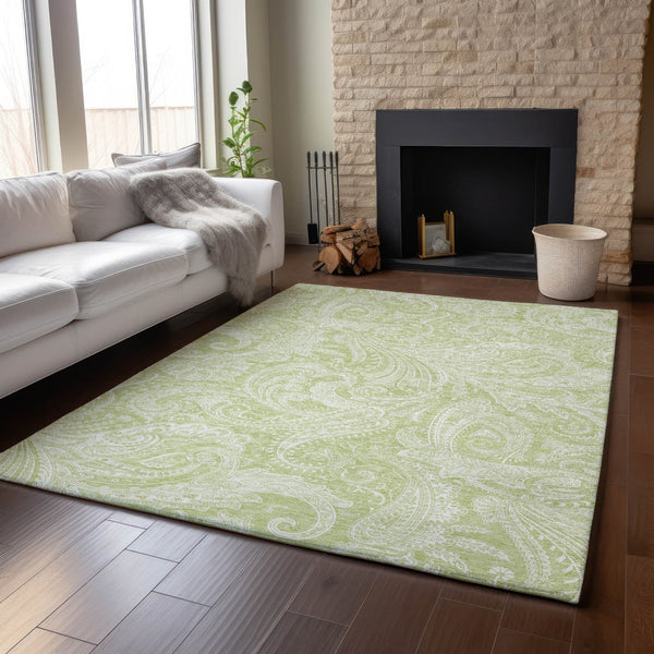 HomeRoots 8' X 10' Artichoke Green & Ivory Paisley Washable Rug – Durable, UV-Protected & Perfect for Any Room! 654630