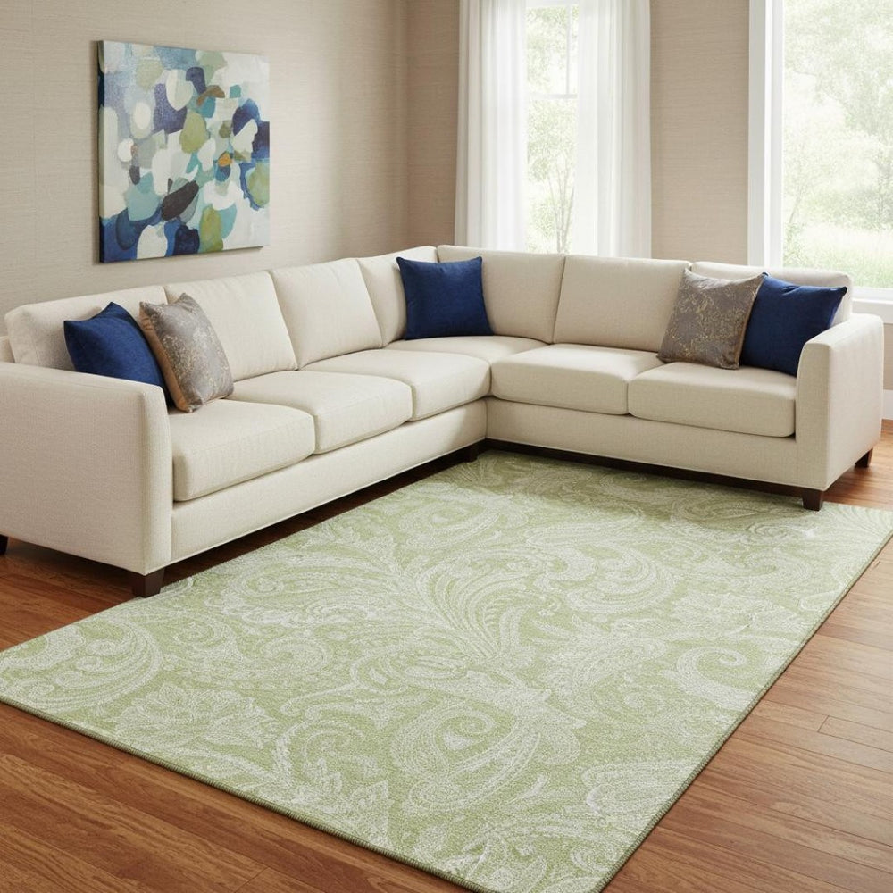 HomeRoots 9' X 12' Artichoke Green Paisley Area Rug - Washable, Stain-Resistant & UV Protected for Homes 654631