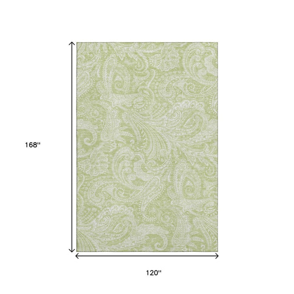 HomeRoots 10' Artichoke Green & Ivory Paisley Washable Area Rug - Durable, Stain Resistant, UV Protected Elegance 654632