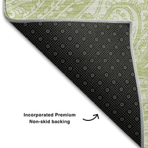 HomeRoots 10' Artichoke Green & Ivory Paisley Washable Area Rug - Durable, Stain Resistant, UV Protected Elegance 654632