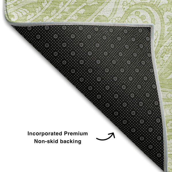 HomeRoots 10' Artichoke Green & Ivory Paisley Washable Area Rug - Durable, Stain Resistant, UV Protected Elegance 654632