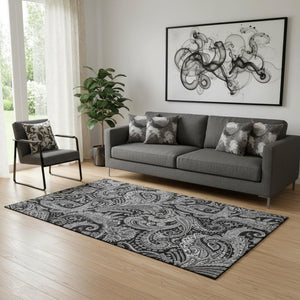 HomeRoots 5' X 8' Black and Ivory Paisley Area Rug - Washable, UV Protected, Durable for Home Elegance 654634