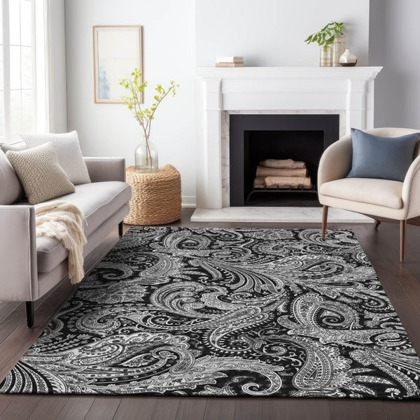 HomeRoots 5' X 8' Black and Ivory Paisley Area Rug - Washable, UV Protected, Durable for Home Elegance 654634