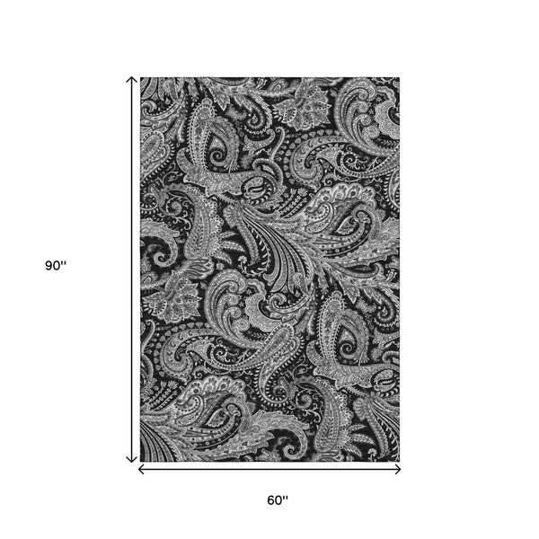 HomeRoots 5' X 8' Black and Ivory Paisley Area Rug - Washable, UV Protected, Durable for Home Elegance 654634