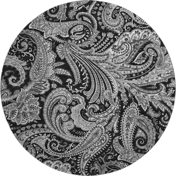 HomeRoots 8' Black And Ivory Paisley Round Rug – Washable, UV Protected, Stain-Resistant, Perfect for Pets! 654635