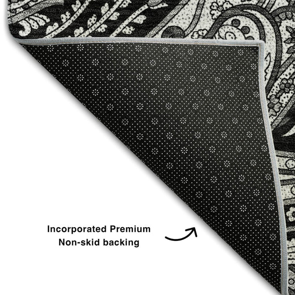 HomeRoots 8' Black And Ivory Paisley Round Rug – Washable, UV Protected, Stain-Resistant, Perfect for Pets! 654635