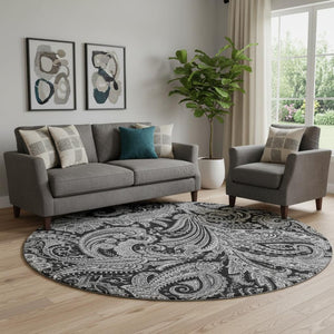 HomeRoots 8' Black And Ivory Paisley Round Rug – Washable, UV Protected, Stain-Resistant, Perfect for Pets! 654635
