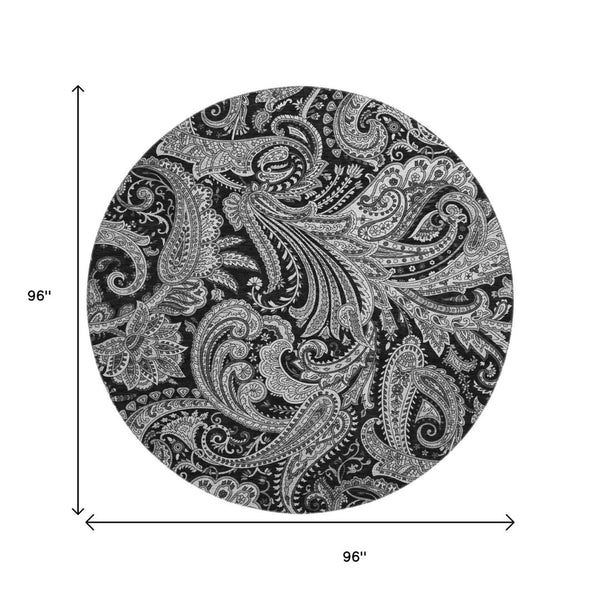 HomeRoots 8' Black And Ivory Paisley Round Rug – Washable, UV Protected, Stain-Resistant, Perfect for Pets! 654635