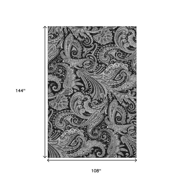 HomeRoots 9' X 12' Black And Ivory Paisley Washable Area Rug - Stain Resistant, UV Protected & Stylish Design 654637