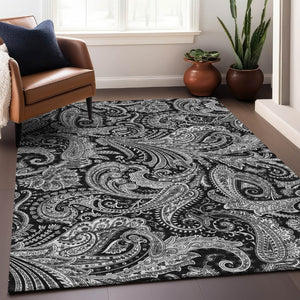 HomeRoots 9' X 12' Black And Ivory Paisley Washable Area Rug - Stain Resistant, UV Protected & Stylish Design 654637