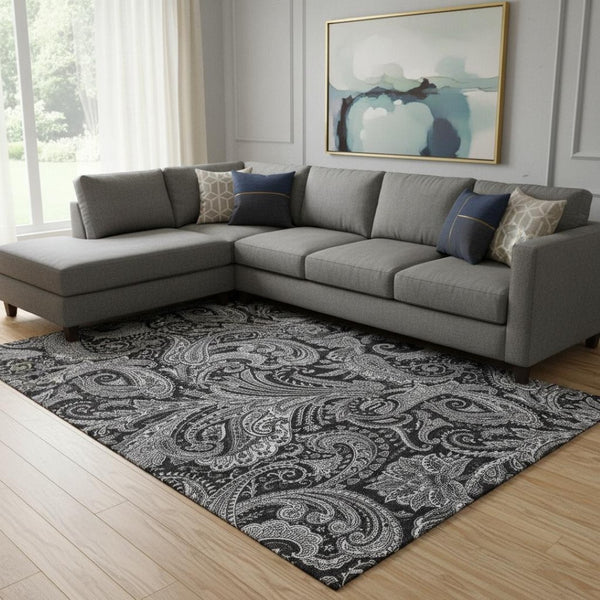 HomeRoots 9' X 12' Black And Ivory Paisley Washable Area Rug - Stain Resistant, UV Protected & Stylish Design 654637