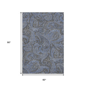 HomeRoots 5' Charcoal & Blue Paisley Area Rug - Washable, Stain-Resistant, UV Protected for Busy Homes 654640