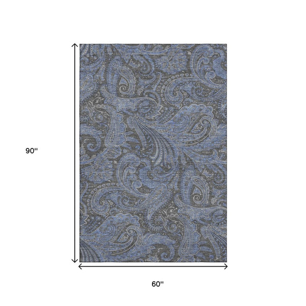 HomeRoots 5' Charcoal & Blue Paisley Area Rug - Washable, Stain-Resistant, UV Protected for Busy Homes 654640