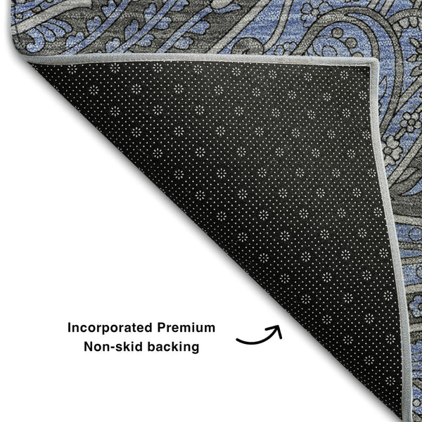 HomeRoots 5' Charcoal & Blue Paisley Area Rug - Washable, Stain-Resistant, UV Protected for Busy Homes 654640