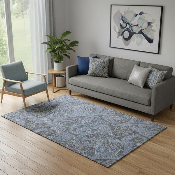 HomeRoots 5' Charcoal & Blue Paisley Area Rug - Washable, Stain-Resistant, UV Protected for Busy Homes 654640