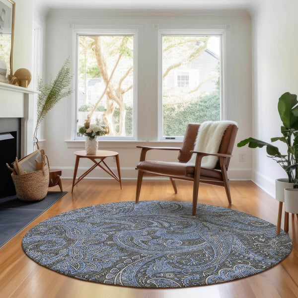 HomeRoots 8' Charcoal and Blue Paisley Round Rug - Washable, UV-Protected, Stain-Resistant, Stylish Decor 654641