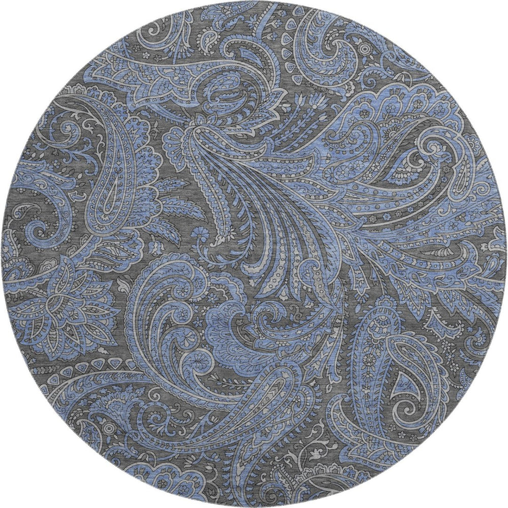 HomeRoots 8' Charcoal and Blue Paisley Round Rug - Washable, UV-Protected, Stain-Resistant, Stylish Decor 654641