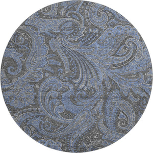 HomeRoots 8' Charcoal and Blue Paisley Round Rug - Washable, UV-Protected, Stain-Resistant, Stylish Decor 654641